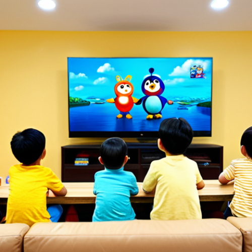 Home 15 A diverse group of cheerful children, boys and girls, fully clothed in comfortable, modest, and appropriate attire, happily gathered around a large screen, watching a vibrant Korean animated series like 'Pororo'. The setting is a brightly lit, family-friendly living room or playroom, featuring soft, inviting colors and age-appropriate furniture. The children have engaged and curious expressions, reflecting the wholesome, educational content on screen. Perfect anatomy, correct proportions, natural poses, well-formed hands, proper finger count. Professional photography, high quality, sharp focus, cinematic lighting. Safe for work, appropriate content, fully clothed, modest, family-friendly.