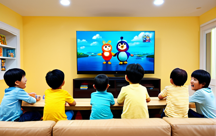 A diverse group of cheerful children, boys and girls, fully clothed in comfortable, modest, and appropriate attire, happily gathered around a large screen, watching a vibrant Korean animated series like 'Pororo'. The setting is a brightly lit, family-friendly living room or playroom, featuring soft, inviting colors and age-appropriate furniture. The children have engaged and curious expressions, reflecting the wholesome, educational content on screen. Perfect anatomy, correct proportions, natural poses, well-formed hands, proper finger count. Professional photography, high quality, sharp focus, cinematic lighting. Safe for work, appropriate content, fully clothed, modest, family-friendly.
