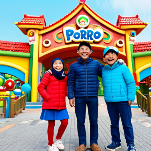 Home 14 Family Fun at the Entrance**
"A family of four, smiling and excited, standing in front of the colorful entrance to the Pororo Theme Park. All are fully clothed in modest, everyday attire. Safe for work, appropriate content, family-friendly scene, perfect anatomy, natural pose, professional photography, bright daytime lighting."
**