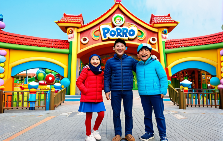 Family Fun at the Entrance**

"A family of four, smiling and excited, standing in front of the colorful entrance to the Pororo Theme Park.  All are fully clothed in modest, everyday attire. Safe for work, appropriate content, family-friendly scene, perfect anatomy, natural pose, professional photography, bright daytime lighting."

**