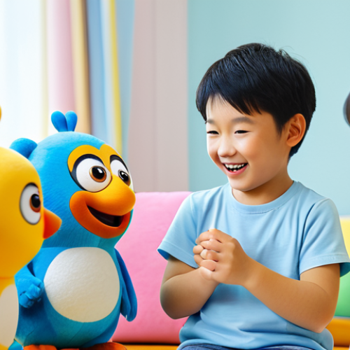 Home 13 뽀로로 굿즈 구매처 정보 - A cheerful group of children playing with Pororo character plush toys in a brightly lit playroom. So...