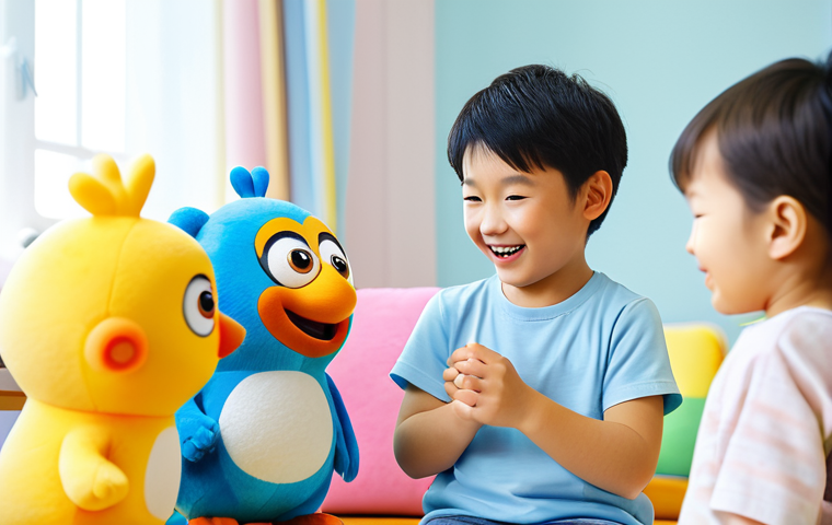뽀로로 굿즈 구매처 정보 - A cheerful group of children playing with Pororo character plush toys in a brightly lit playroom. So...